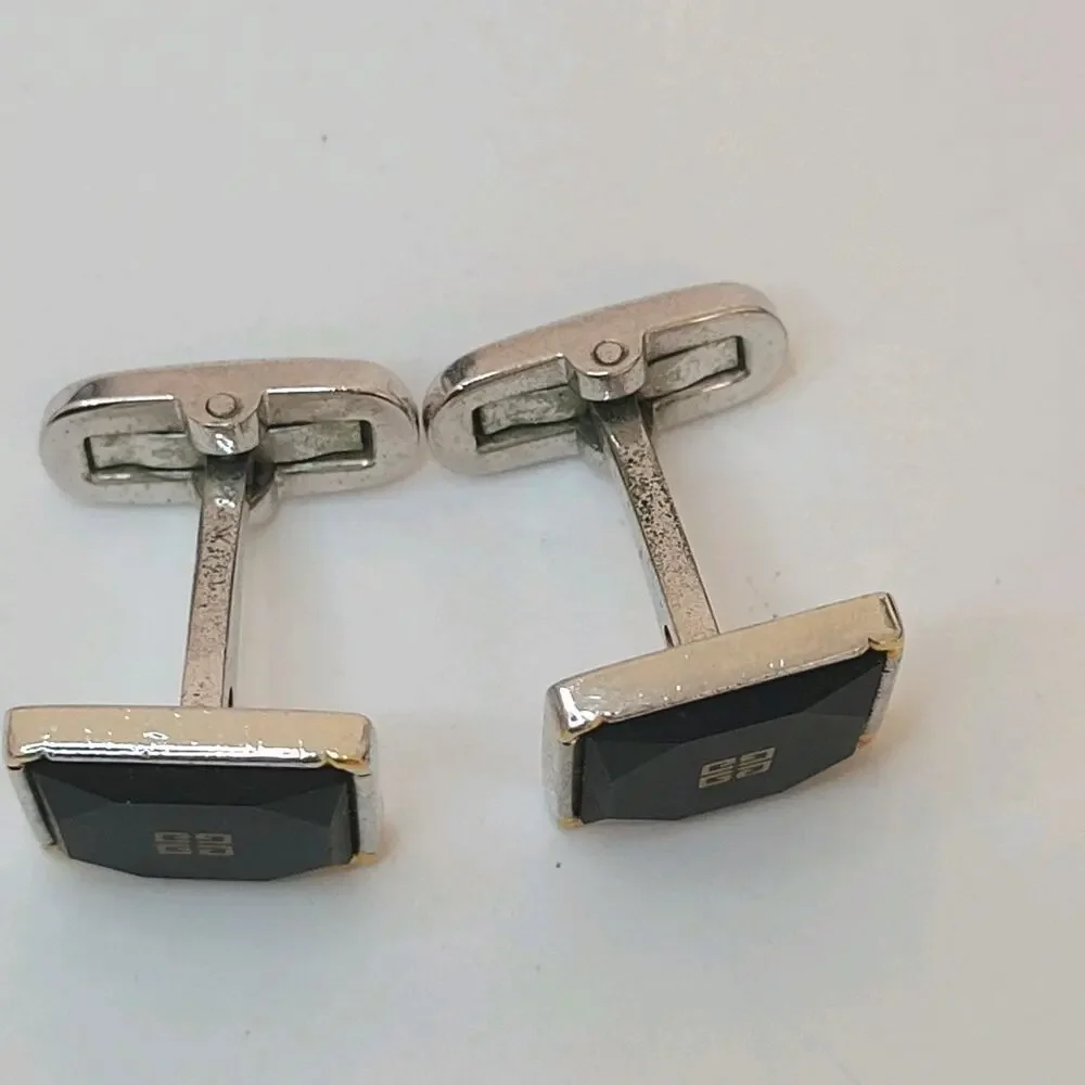Givenchy Cufflinks Set Gold Silver Tone Black Onyx Square Logo Vintage Designer